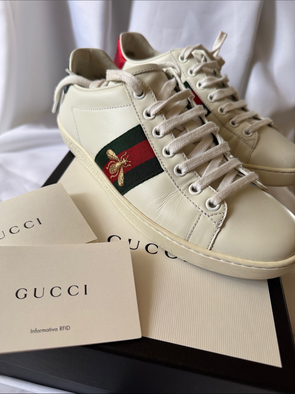 Gucci Cream Leather Sneakers with Red & Green Stripe and Gold Bee